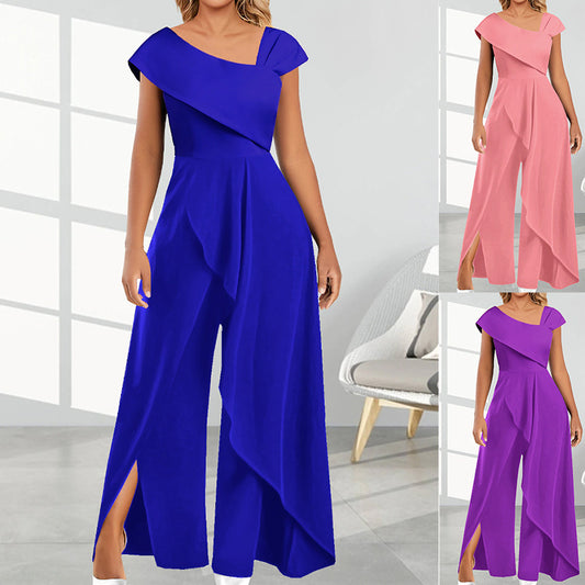 Fashion Simple Temperament Diagonal Collar Jumpsuit