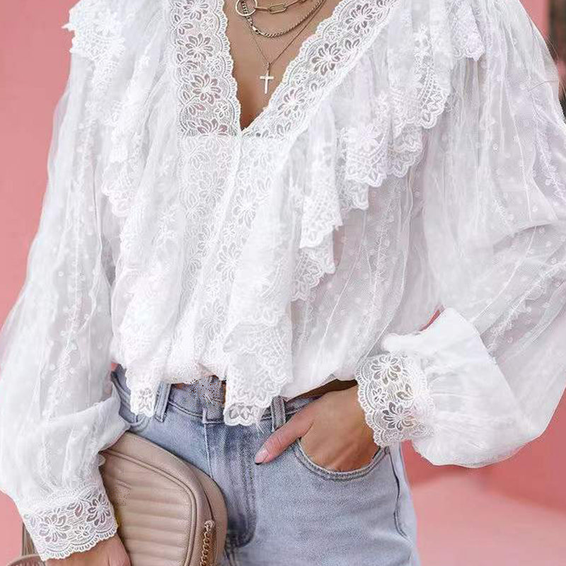 Sexy V Neck Office Lace Blouse Ruffle Tops