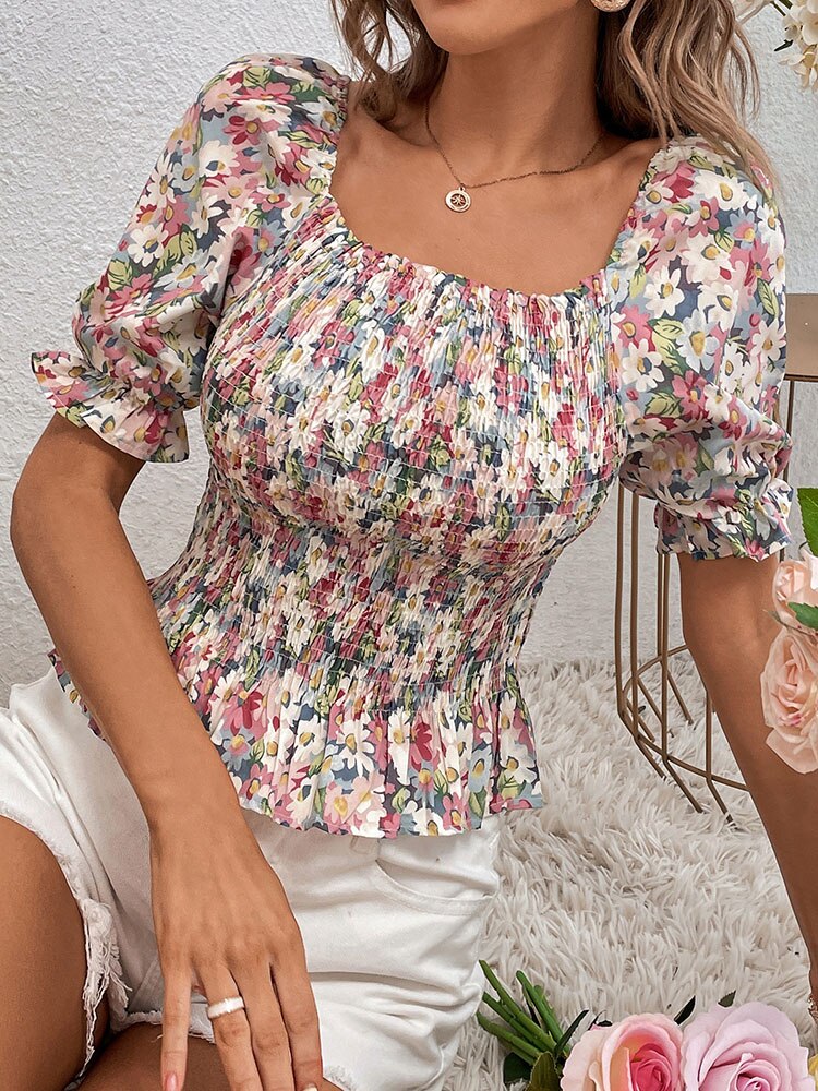 Square Neck Gathered Short Sleeve Floral Short Shirts