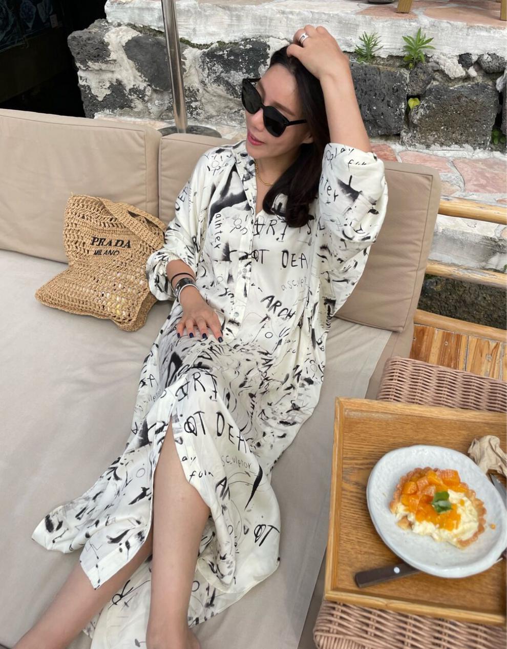 Spring Niche Idle Style Blooming Printing Loose Mid-length Puff Sleeve Shirt Dress