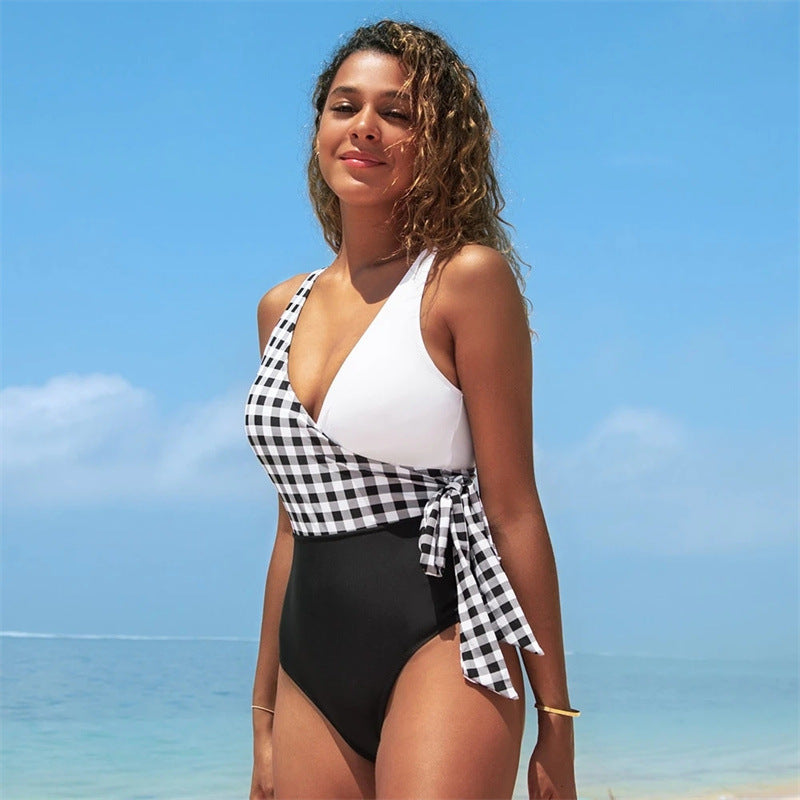 Fashion Colorblock One-piece Bandage Swimsuit Women