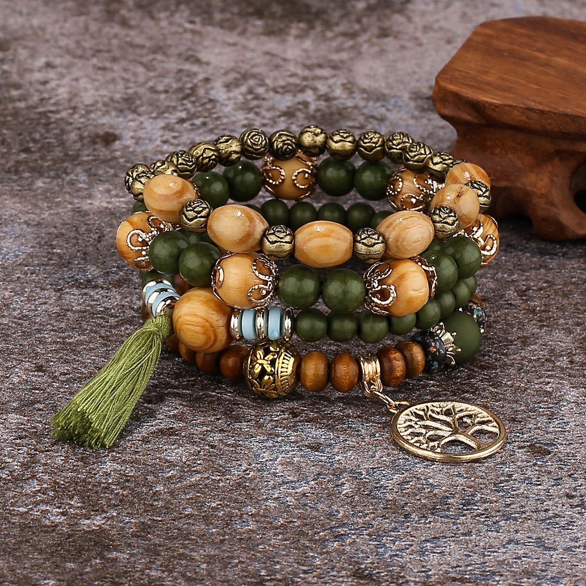 Boho Multilayer Wooden Stretch Bracelet With Tree Of Life Pendant