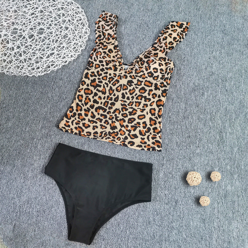 New Style Swimsuit Sexy Leopard Print V-Neck Small Flashing Split High Waist Swimsuit Women