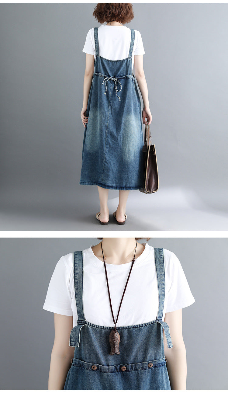 Summer Denim Suspender Skirt Loose Slimming Long