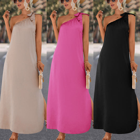 Women's Summer Long Skirt Slant Shoulder Tied Dress