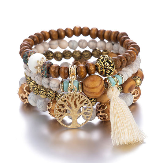 Boho Multilayer Wooden Stretch Bracelet With Tree Of Life Pendant