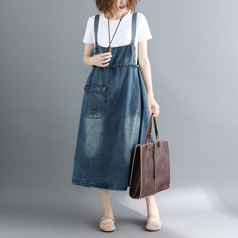 Summer Denim Suspender Skirt Loose Slimming Long