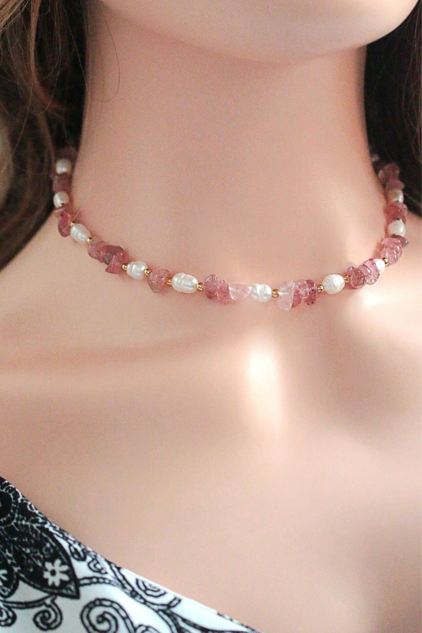 Natural Strawberry Quartz Crystal & Freshwater Pearls Choker