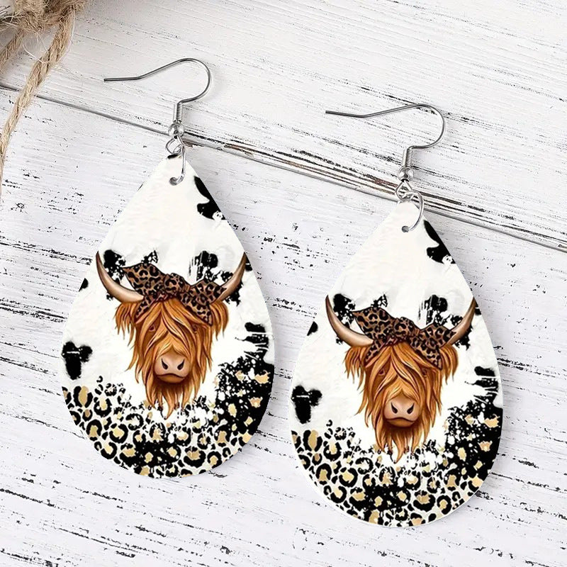 Personalized Western Style Leopard Print Contrast Color Leather Earrings Wild Cow Print