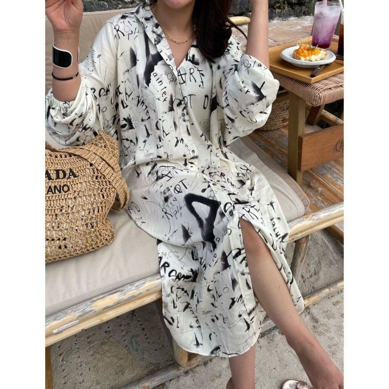 Spring Niche Idle Style Blooming Printing Loose Mid-length Puff Sleeve Shirt Dress