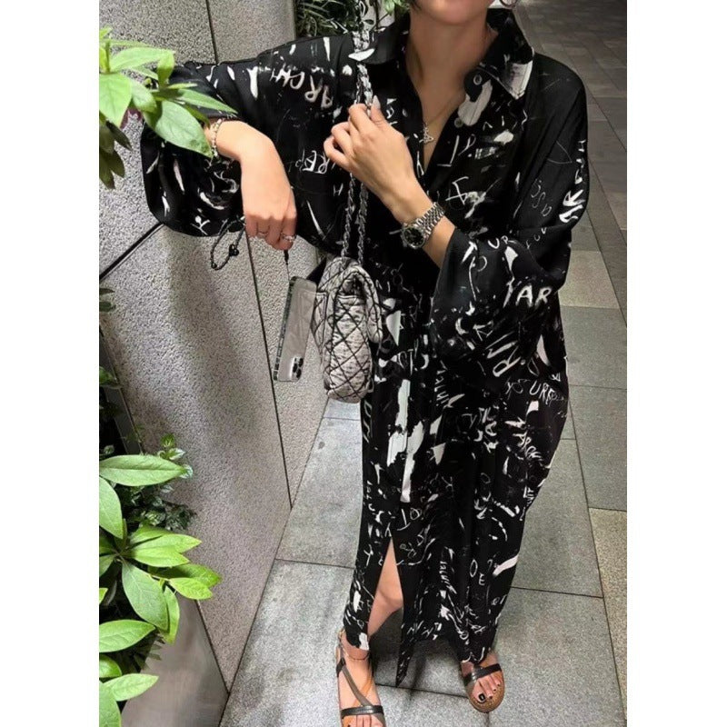 Spring Niche Idle Style Blooming Printing Loose Mid-length Puff Sleeve Shirt Dress