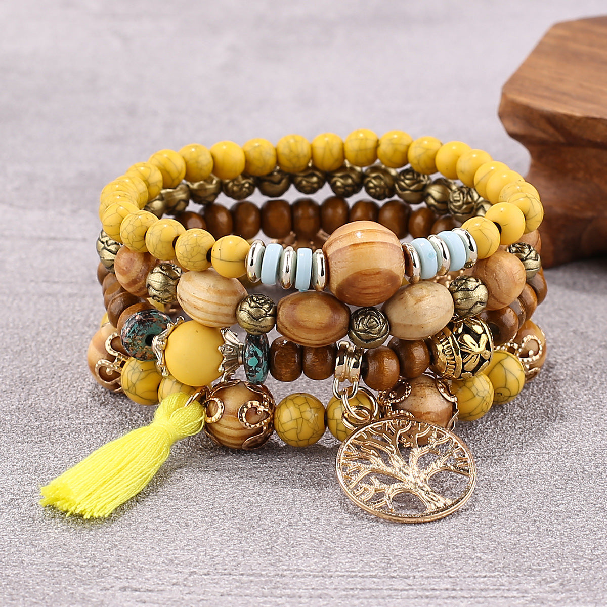 Boho Multilayer Wooden Stretch Bracelet With Tree Of Life Pendant