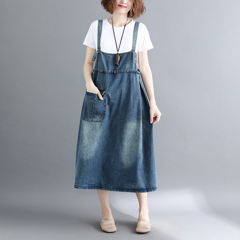 Summer Denim Suspender Skirt Loose Slimming Long