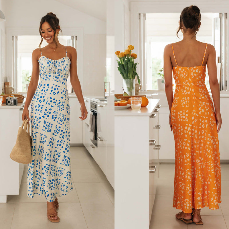 Women's Slim-fit V-neck Brace Printed Backless Long Dress