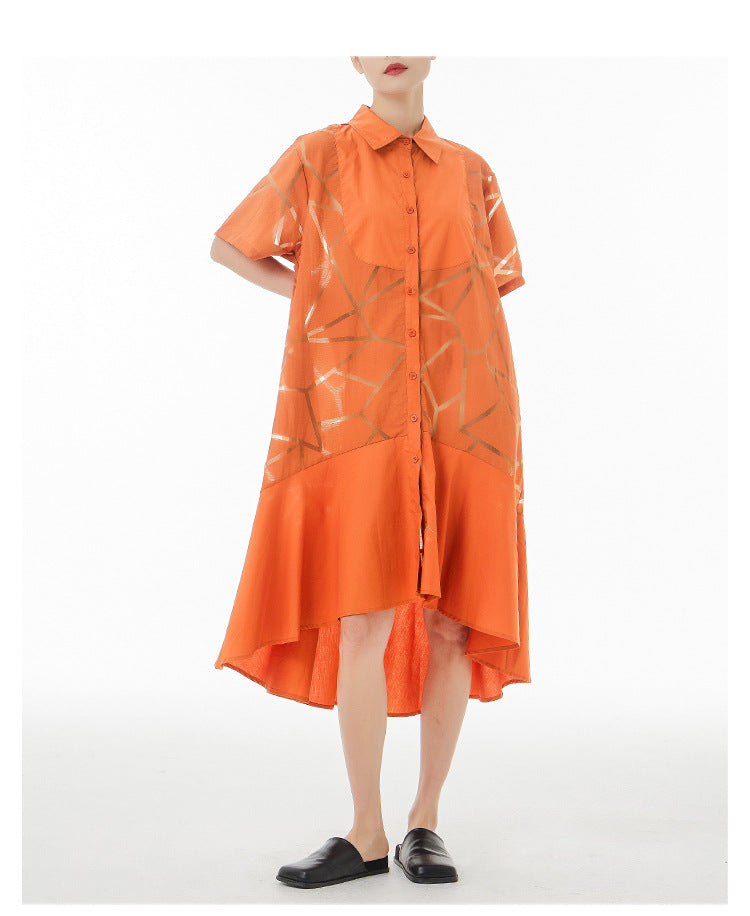 French Retro See-through Geometric Pattern Shirt Dress