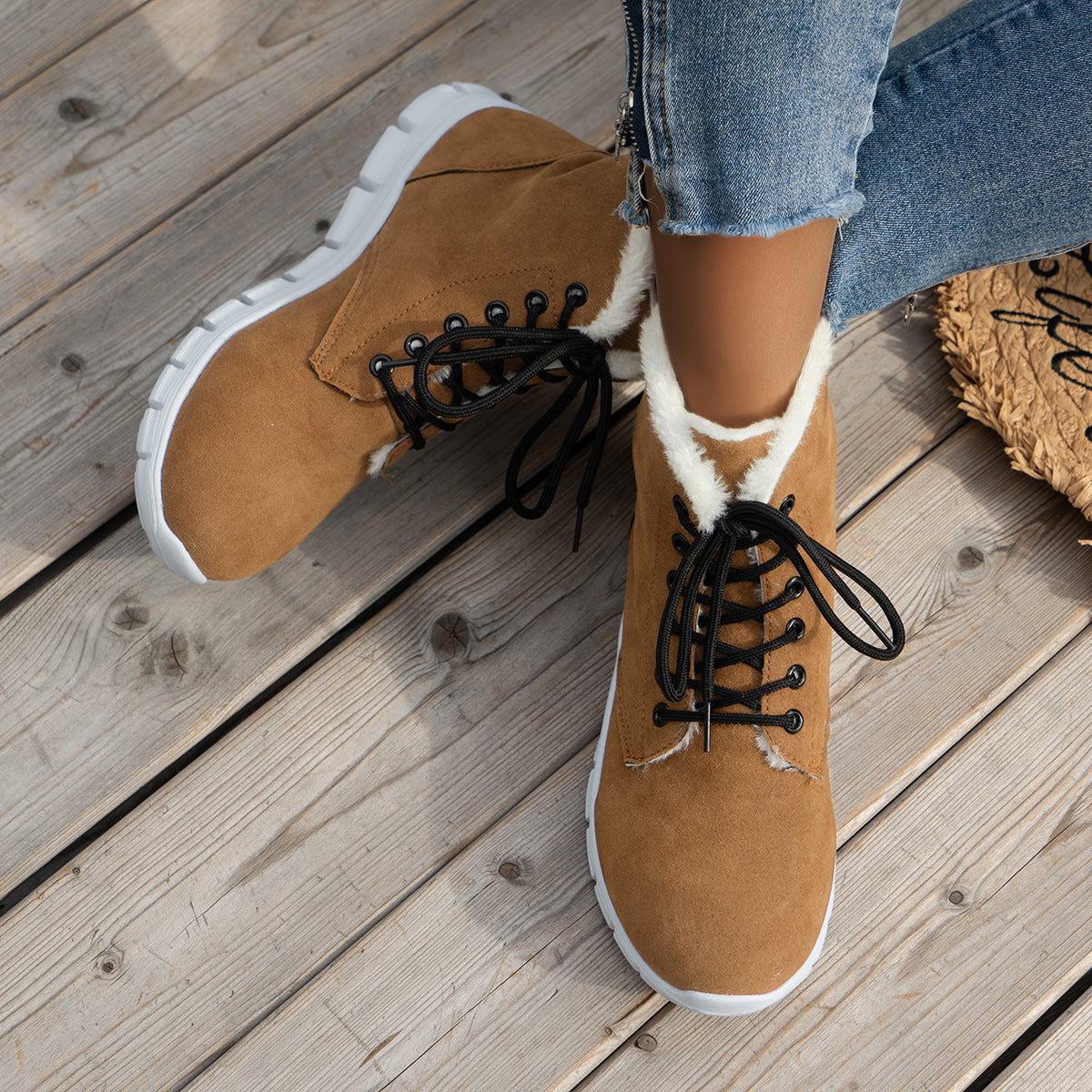 Lace-up Flats Plush Shoes Fashion Women's Boots