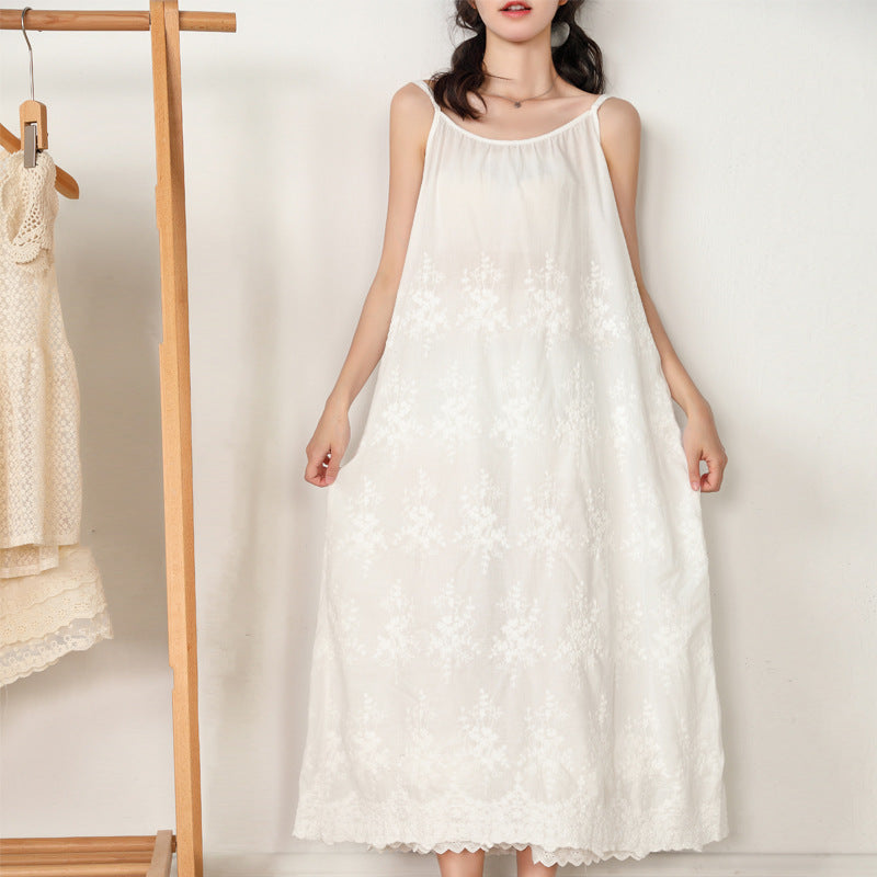 Embroidered Loose Waist Strap Base Cotton And Linen Dress